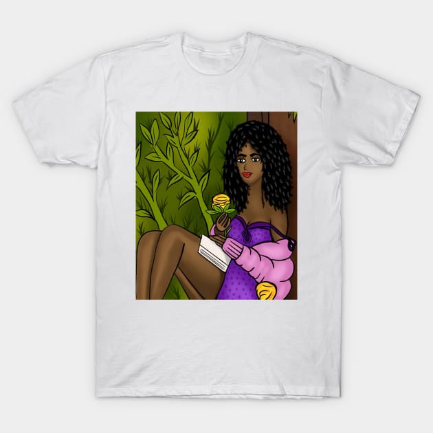 Black woman with flower artwork illustration T-Shirt by Spinkly Creations 